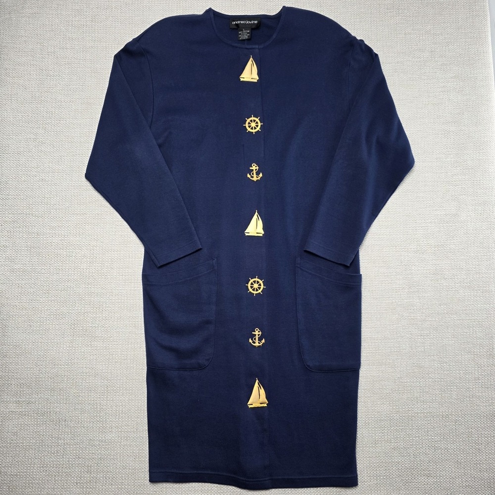 Vtg Andrea Jovine Navy‎ Nautical Sailor Anchor Coastal New England Midi Dress L